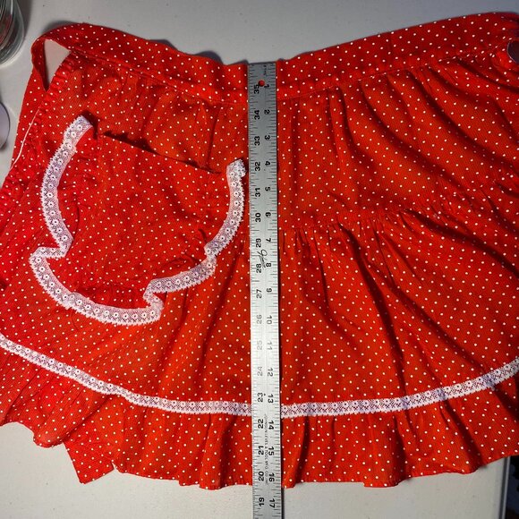 Vintage 1950s Red Polka Dot Half Apron Opaque Ruffles White Lace Pocket Retro - Picture 7 of 9